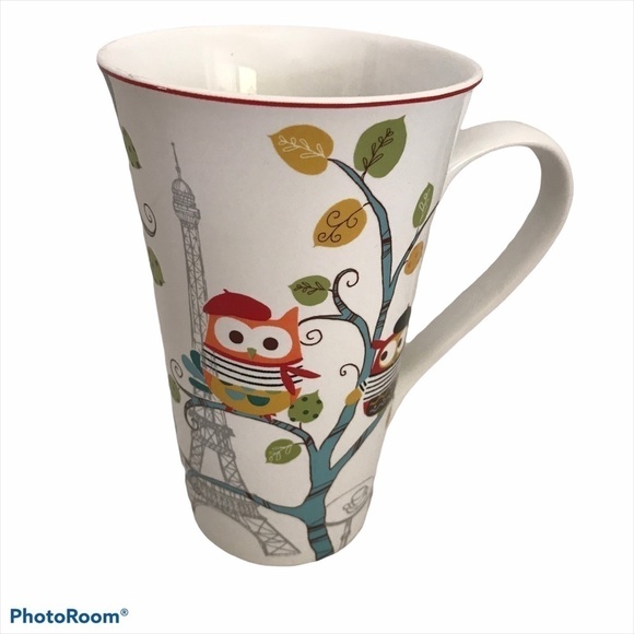 NWOT - Enchanted Woods 222 Fifth Mug Cartoon Style French Owls & Paris Skyline - Picture 1 of 16